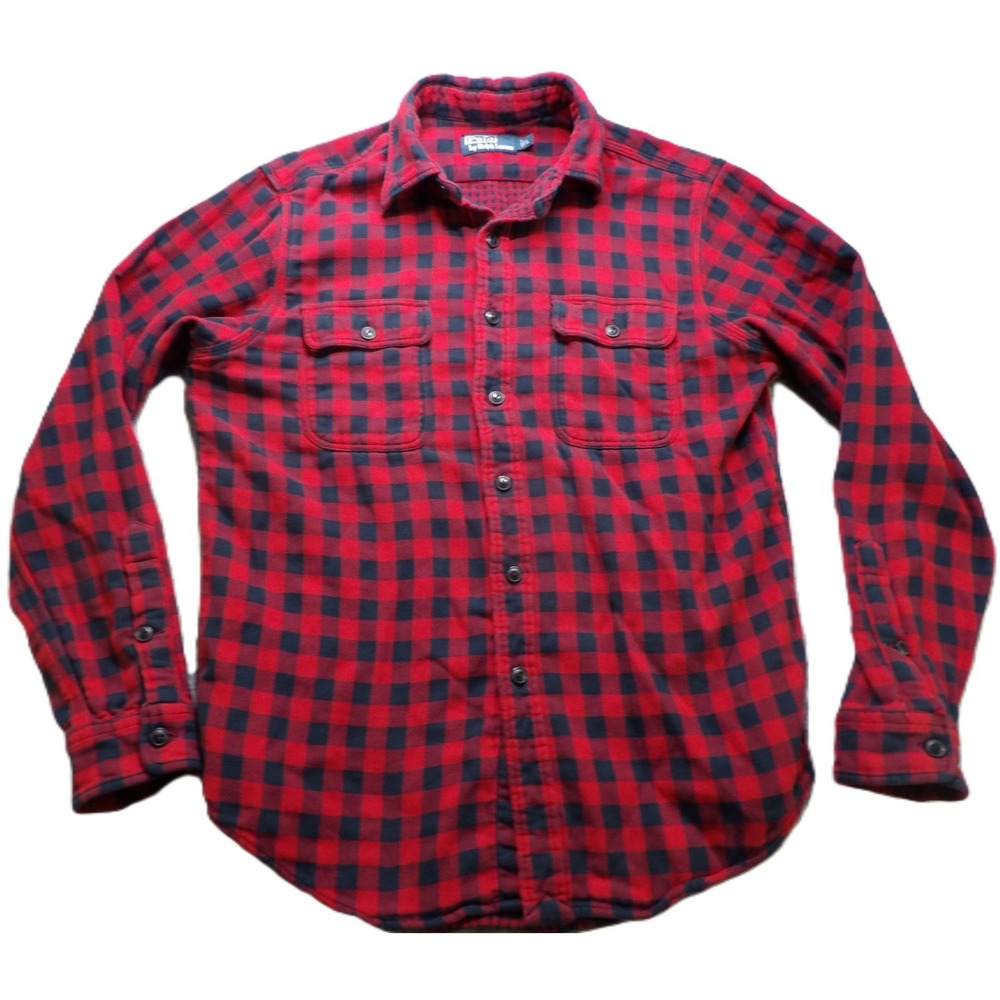 VTG Y2K Polo Ralph Lauren Flannel Shirt Men L Red Black Buffalo Plaid Work Heavy